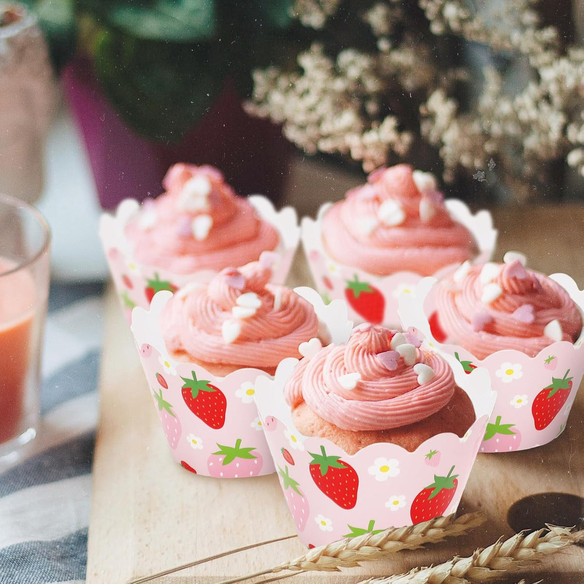 Whaline 36Pcs Strawberry Cupcake Wrappers Red Pink Strawberry Flower Cupcake Liners Decorative