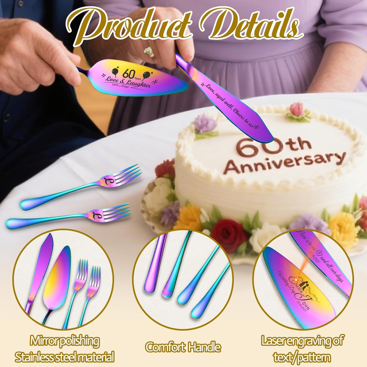 Personalized 4 Piece Wedding Cake Cutting Set, Custom Names Cake Knife and Server set with Forks
