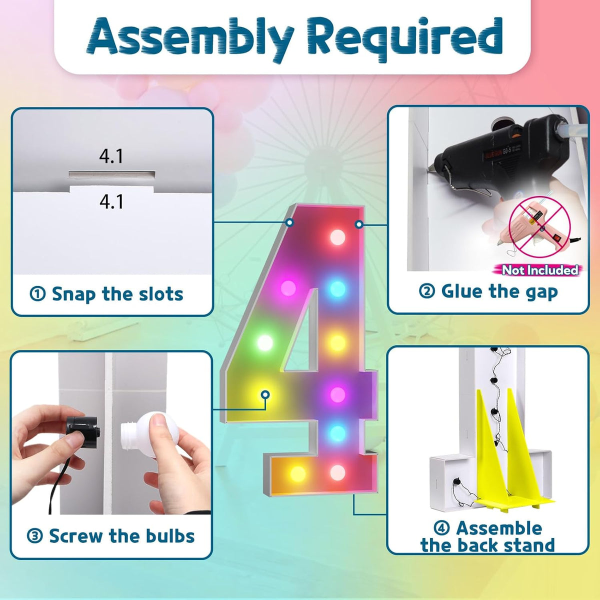 imprsv 4FT Colorful Marquee Numbers,18 Colors Number 4 with Remote, Light Up Numbers Sign for 4th