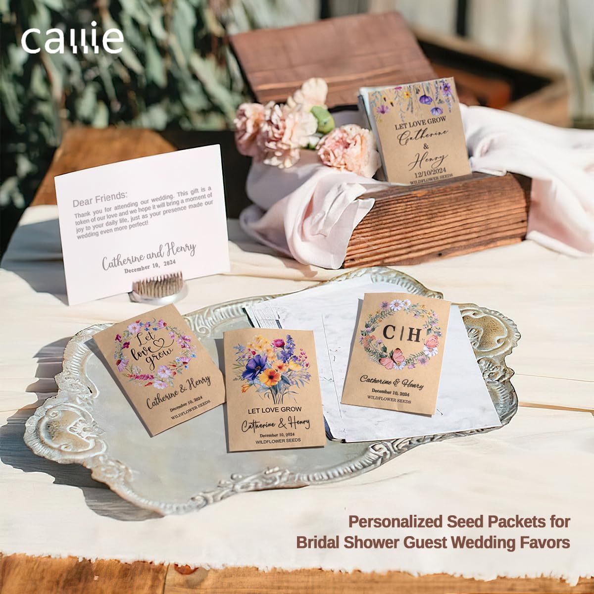callie Personalized Wedding Seed Packet Favors, Custom Wildflower Seeds Storage with Name and Date