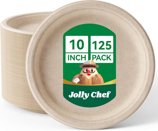 JOLLY CHEF Compostable Heavy Duty Plates 𝟭𝟬 𝗜𝗻𝗰𝗵 [𝟭𝟮𝟱 𝗣𝗮𝗰𝗸] Eco-Friendly Disposable