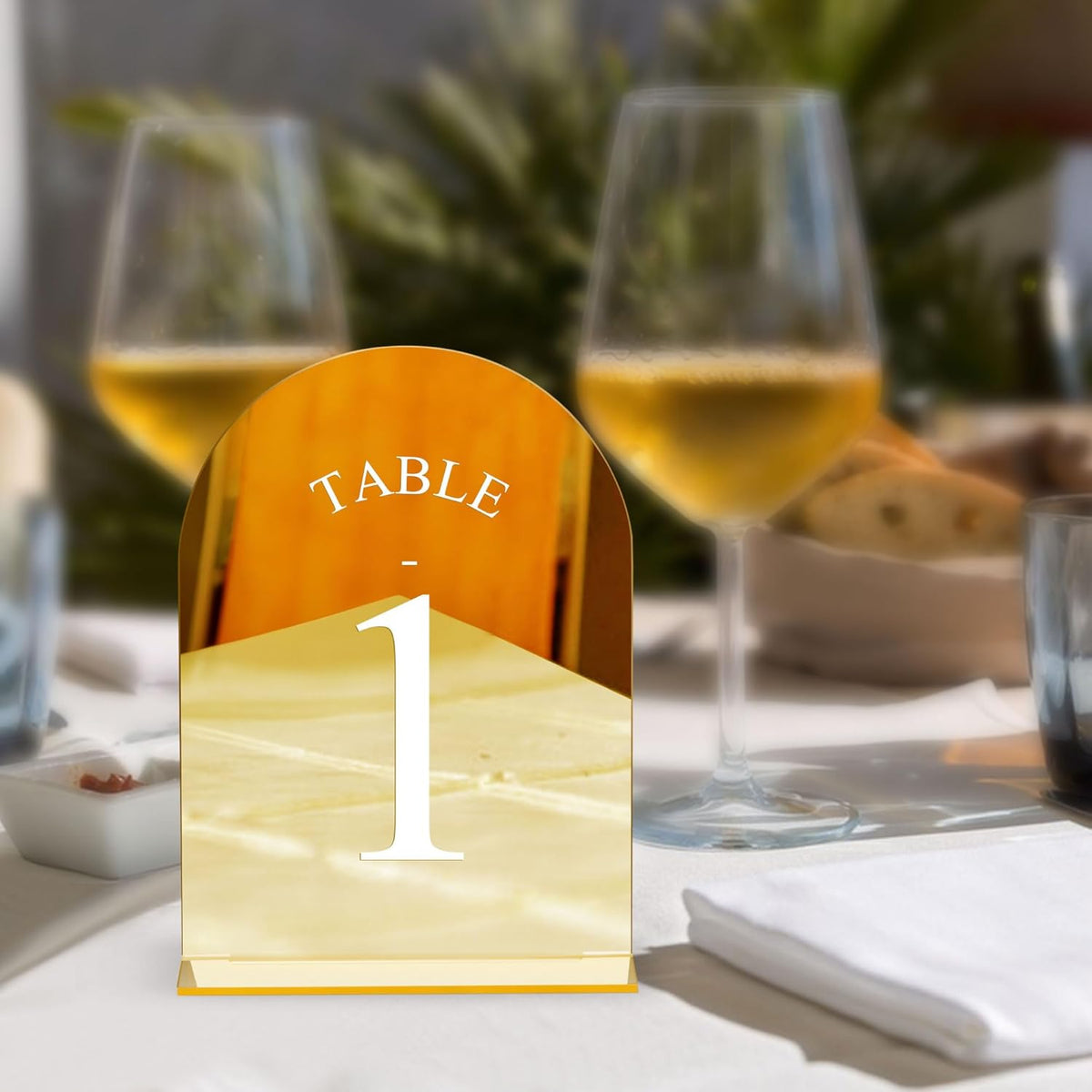 JOYIT Arch Wedding Table Numbers 1-30 with Stands – 5" X 7" Acrylic Mirrored Gold Table Number