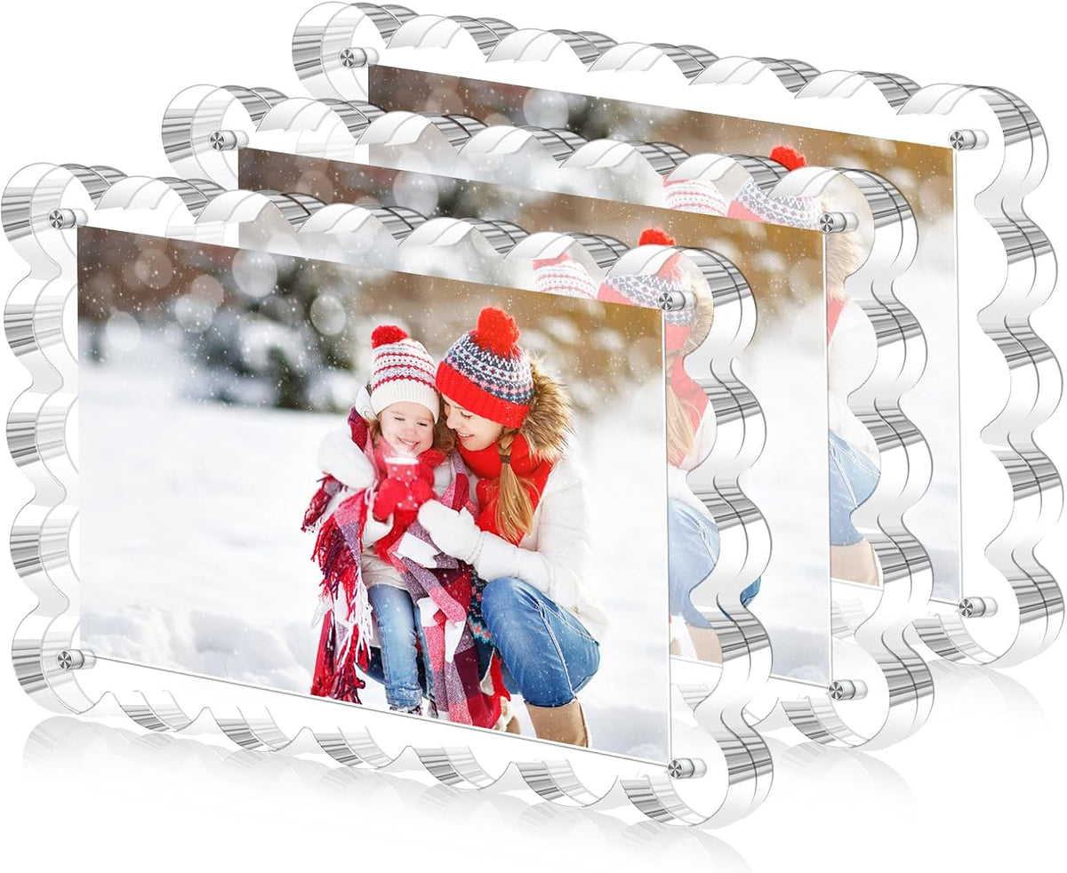 3 Pack Magnetic Acrylic Picture Frames 5x7 Inch - Freestanding Scalloped Magnet Photo Frame with