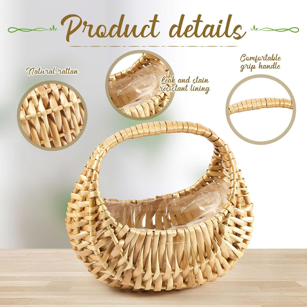 Taiyin 3 Pack Rattan Flower Girl Basket Small Half Moon Straw Wicker Basket with Handle Ideal for
