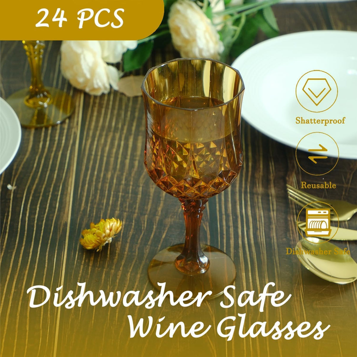 Plastic Wine Glasses，100PCS Amber Plastic Goblets Vintage Style Cordial Drinking Glasses for