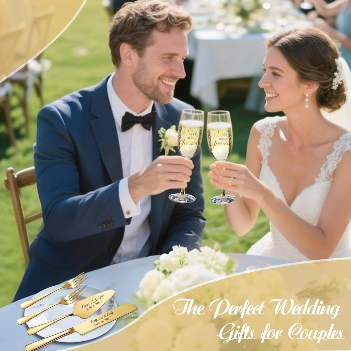 HJX Personalized Wedding Cake Knife and Server Set with Champagne Flutes, Custom Name Text Toasting