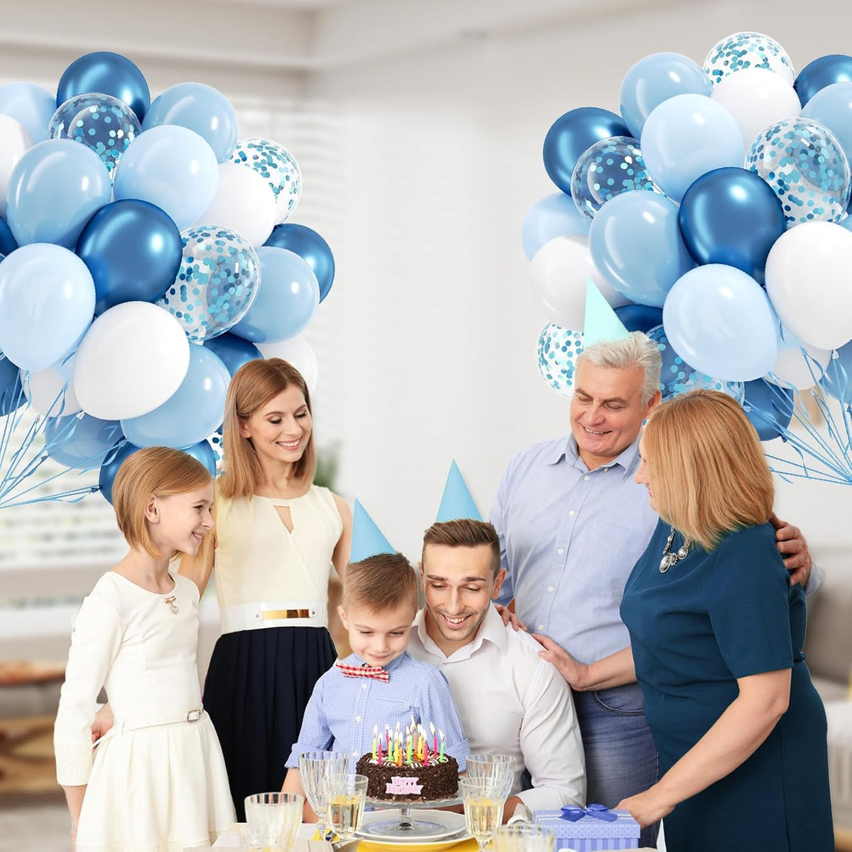 60pcs Blue and White Balloons 12inch with Pastel Pearl Light Blue Confetti White Balloons for