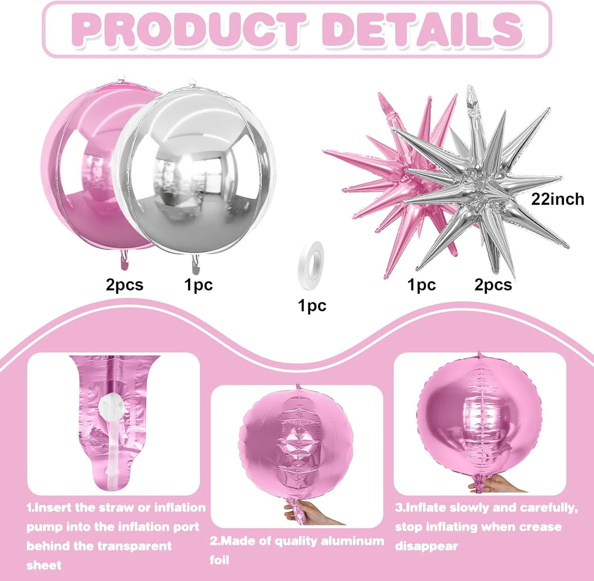 6Pcs Pink Silver Foil Balloons,22Inch Light Pink Silver 4D Round Ball Balloon and Explosion Star