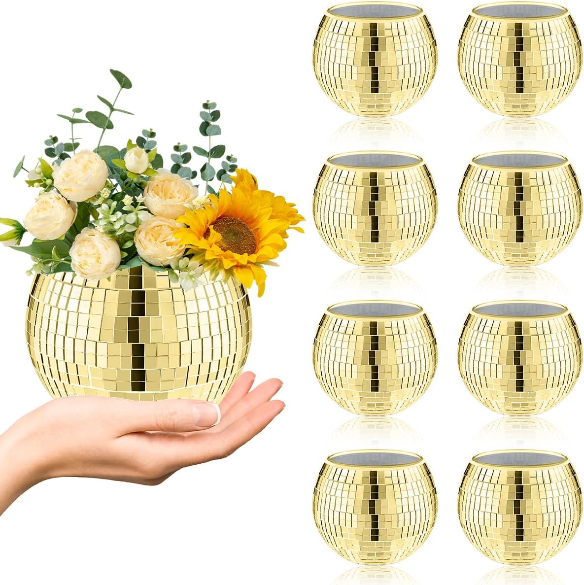 8 PCS Disco Ball Vase,Glass Disco Ball Planter Candle Holder Vase Bulk Mirror Disco Ball Flower