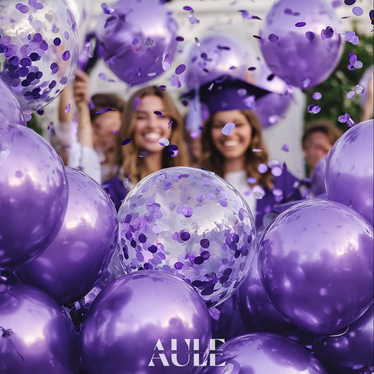 AULE Party Balloons Pack of 42 - Metallic Balloons & Confetti Balloons and 64ft Ribbons - 12 Inch