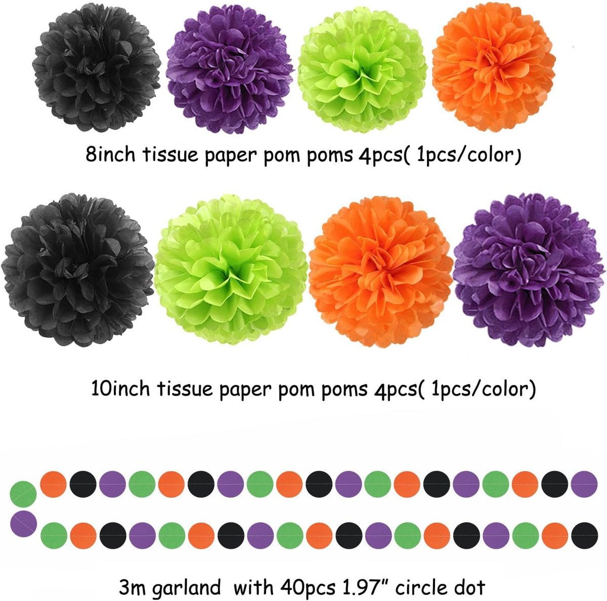 Black-Purple Orange Green Halloween Party-Decorations - 30pcs Tissue Pom Poms Streamers,Tassel