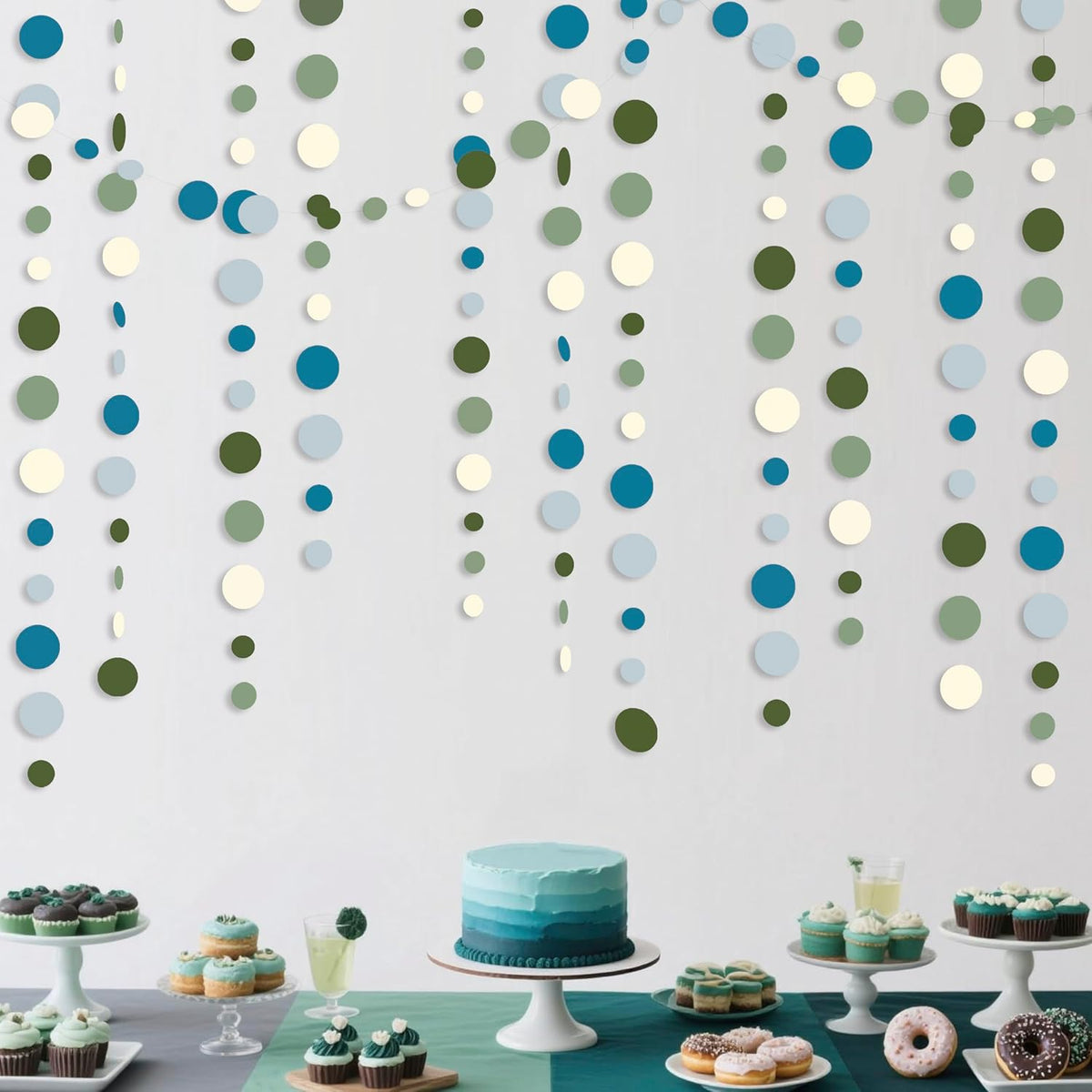 Sage Green and Dusty Blue Party Decorations Polka Dots Garlands Hanging Paper Circle Dots Streamer