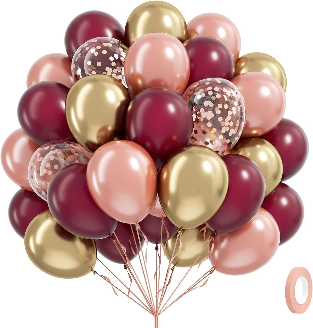 60pcs Burgundy and gold Balloons 12inch with Maroon Pearl Rose Gold Confetti Metallic Gold Balloons