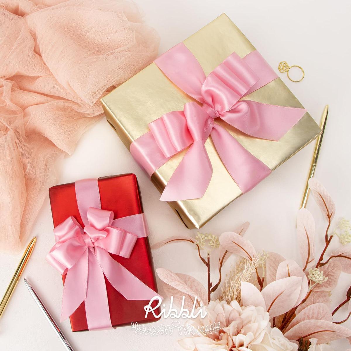 Ribbli Pink Double Faced Satin Ribbon,1-1/2” x Continuous 25 Yards,Use for Bows Bouquet,Gift