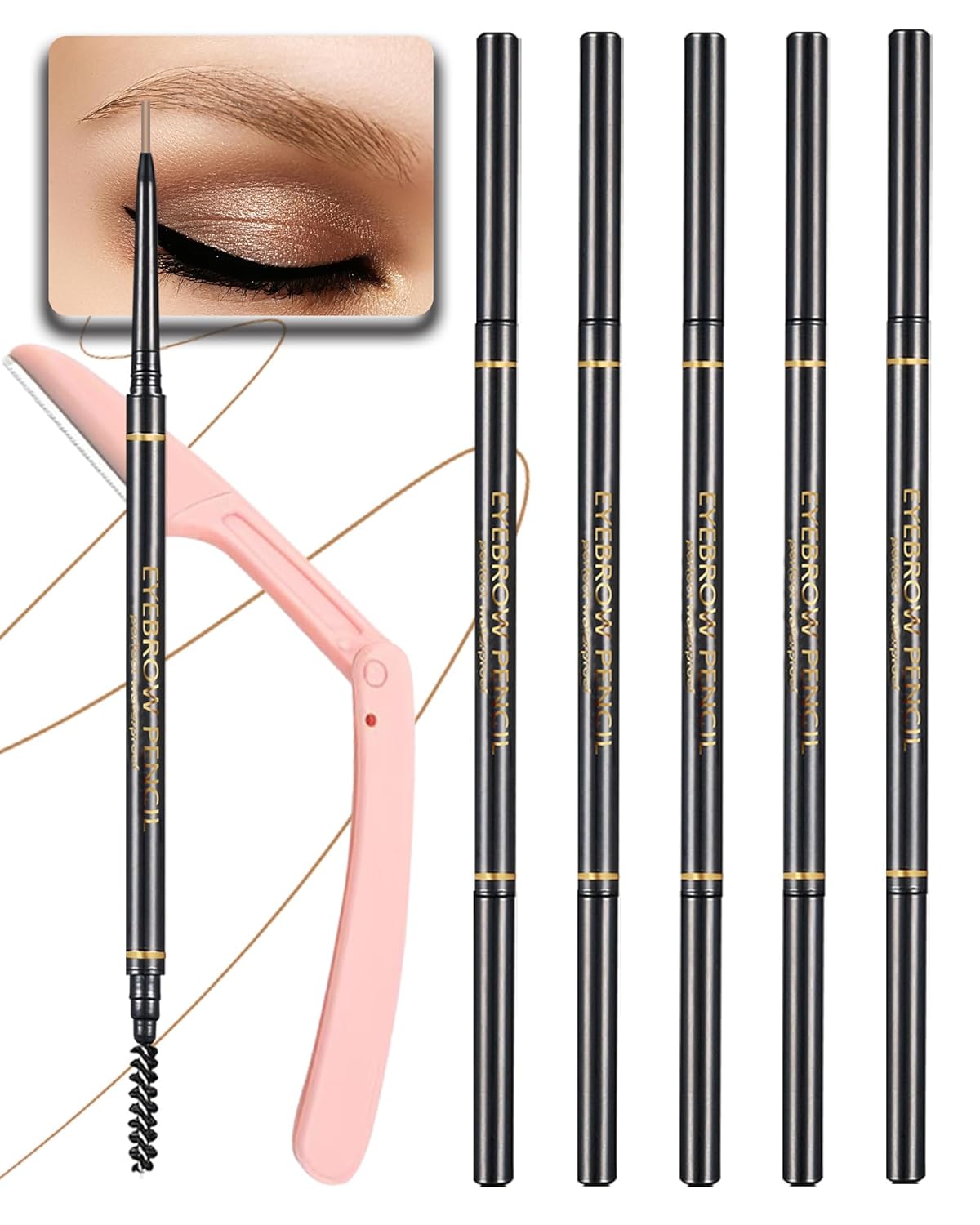Light Brown Eye Brow Pencils for Women, 6Pcs Waterproof Eyebrow Pencil, 1.5mm Micro-Fine Tip &