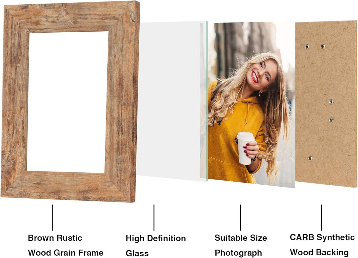 4x6 Picture Frame Set of 4, High Definition Real Glass Rustic Brown Frame, 4 x 6 Wood Photo Frames