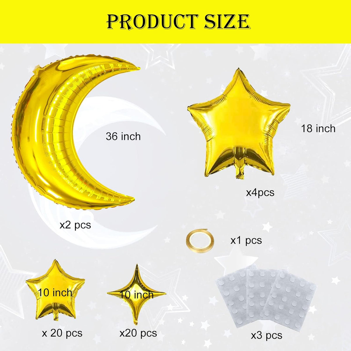 50pcs Moon and Star Balloons Gold，36"Moon Foil Balloons 18"10" Star Foil Balloons Four Pointed Star