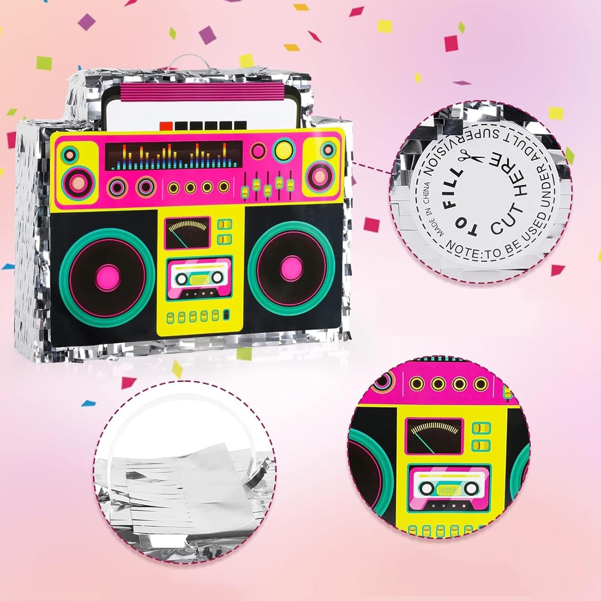 Boombox Pinata with Stick & Hanging Loop Retro 90s Hip Hop Mexican Pinata Game for Back to the 80s