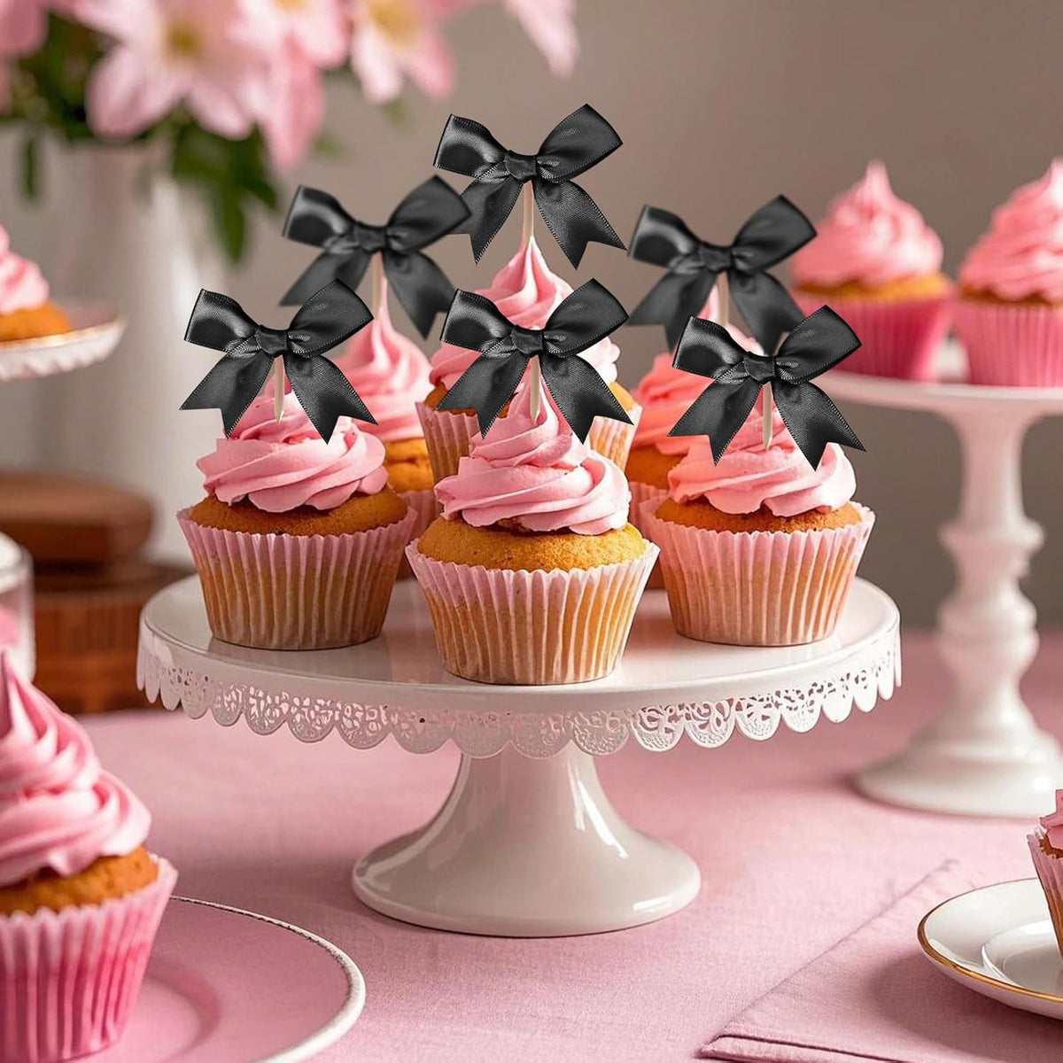 24Pcs Bow Cupcake Toppers - Black Bow Cake Topper Birthday Decorations, Bowknot Cupcake Picks for