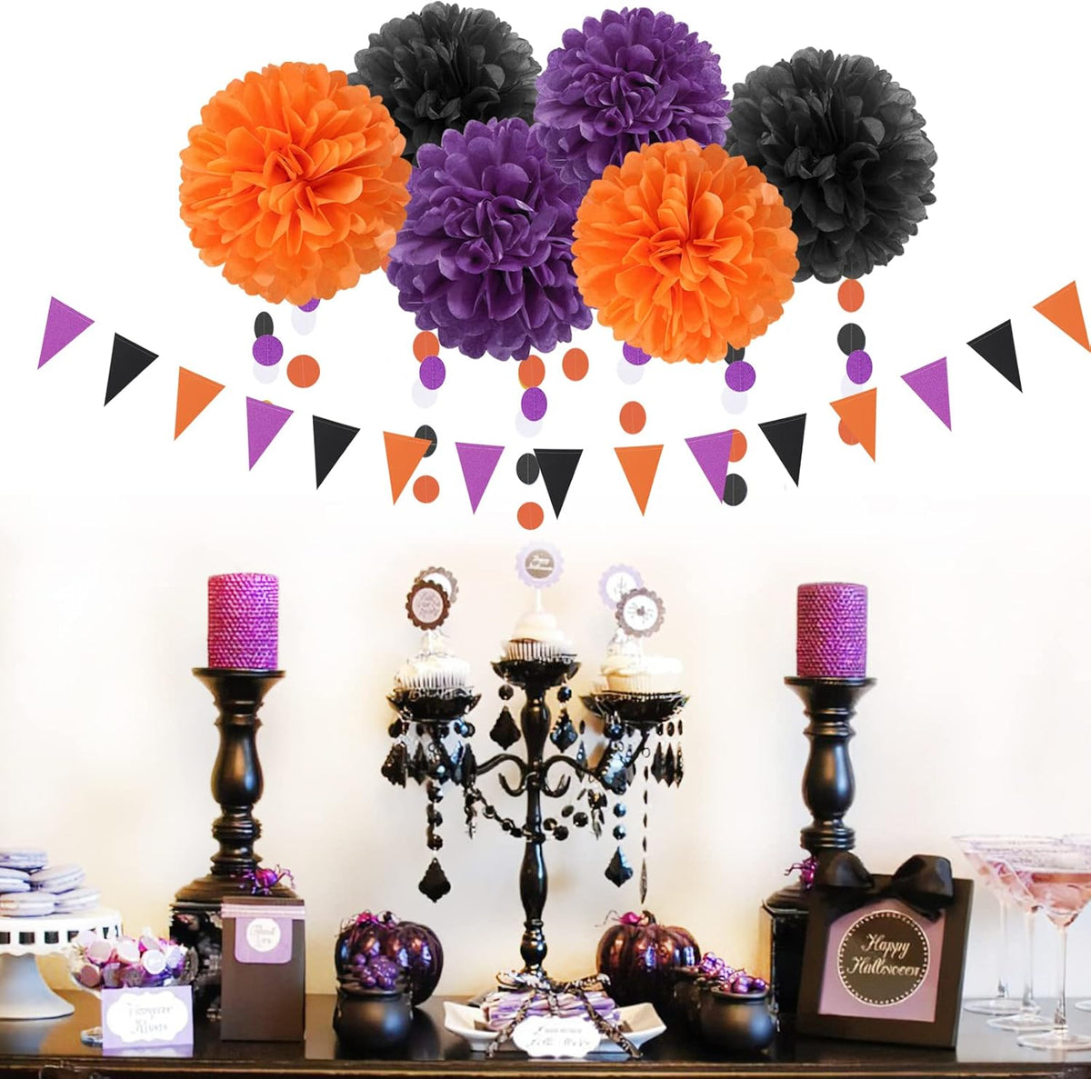 Black Purple Orange Halloween Party-Decorations - 23pcs Tissue Pom Poms Streamers,Tassel Garland