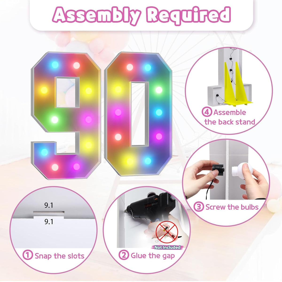 Marquee Numbers 90th-Birthday Decoration: Colorful 4FT Large Light Up 90 Year Old Birthday