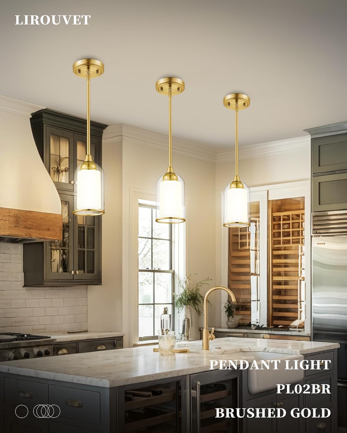 LIROUVET 2 Pack Pendant Lights, Vintage Dual Glass Hanging Lamp, Brushed Gold Pendant Lights
