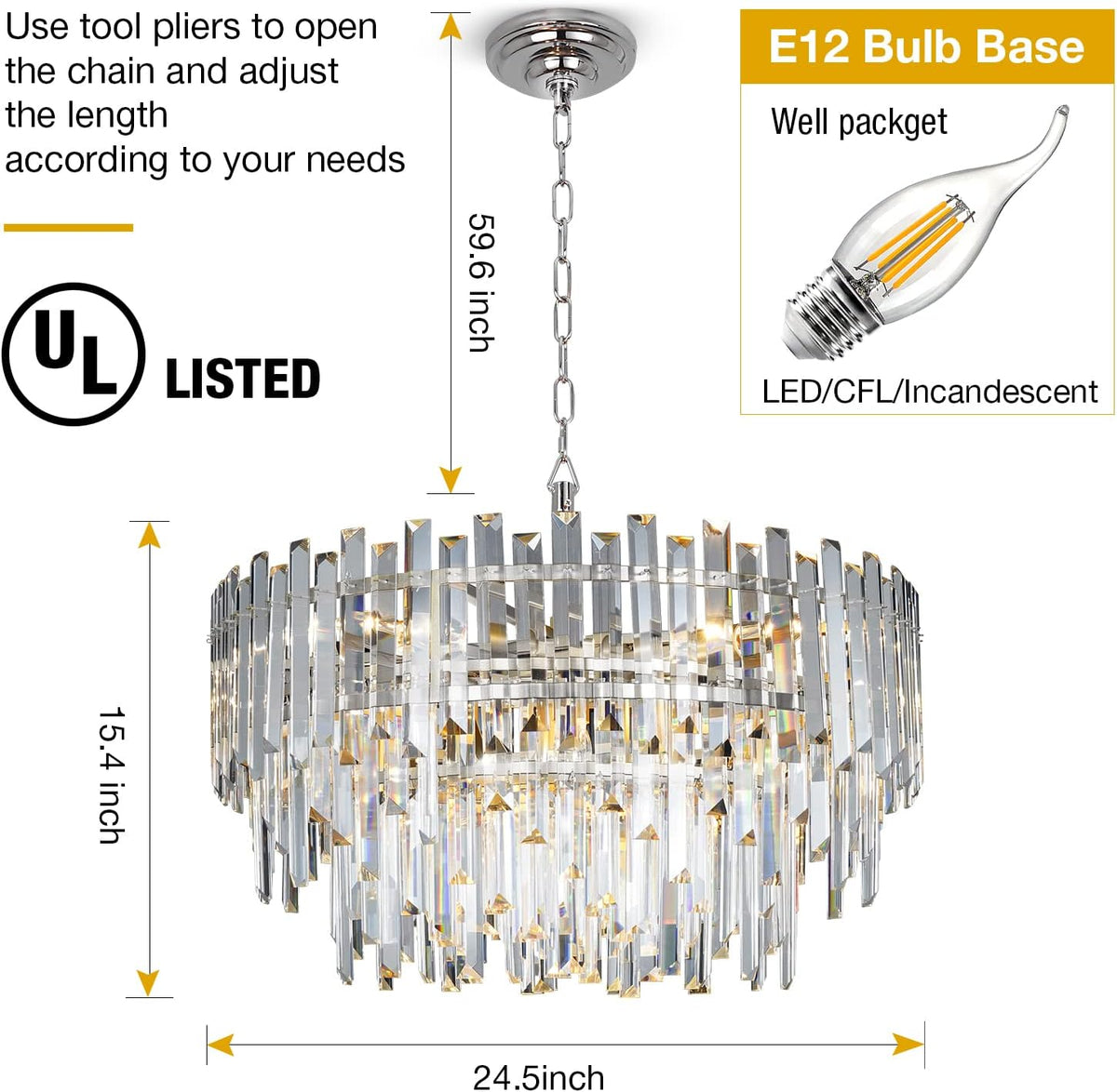 Crystal Chandelier Lighting 24'' Chrome for Dining Rooms Bedroom Foyer Entryway Ceiling Hanging