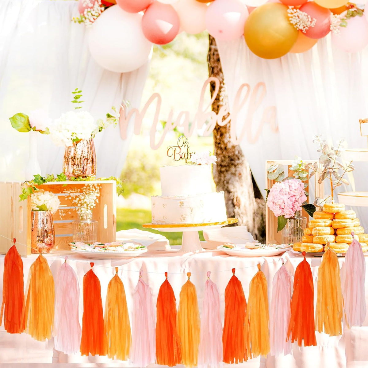 Pink-Orange Groovy Party-Decorations Tassel-Garland - 15pcs Fall Autumn Thanksgiving Harvest