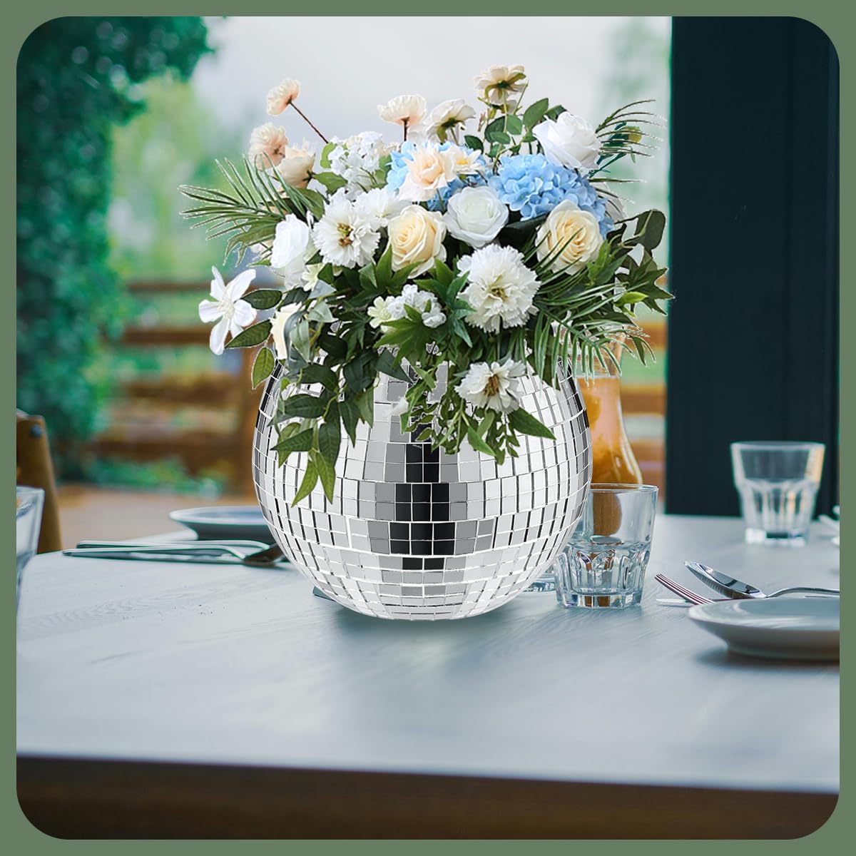 6 Pcs Disco Vase, Silver Mirror Ball Disco Ball Planter 5" X 6" Glass Silver Candle Holder White