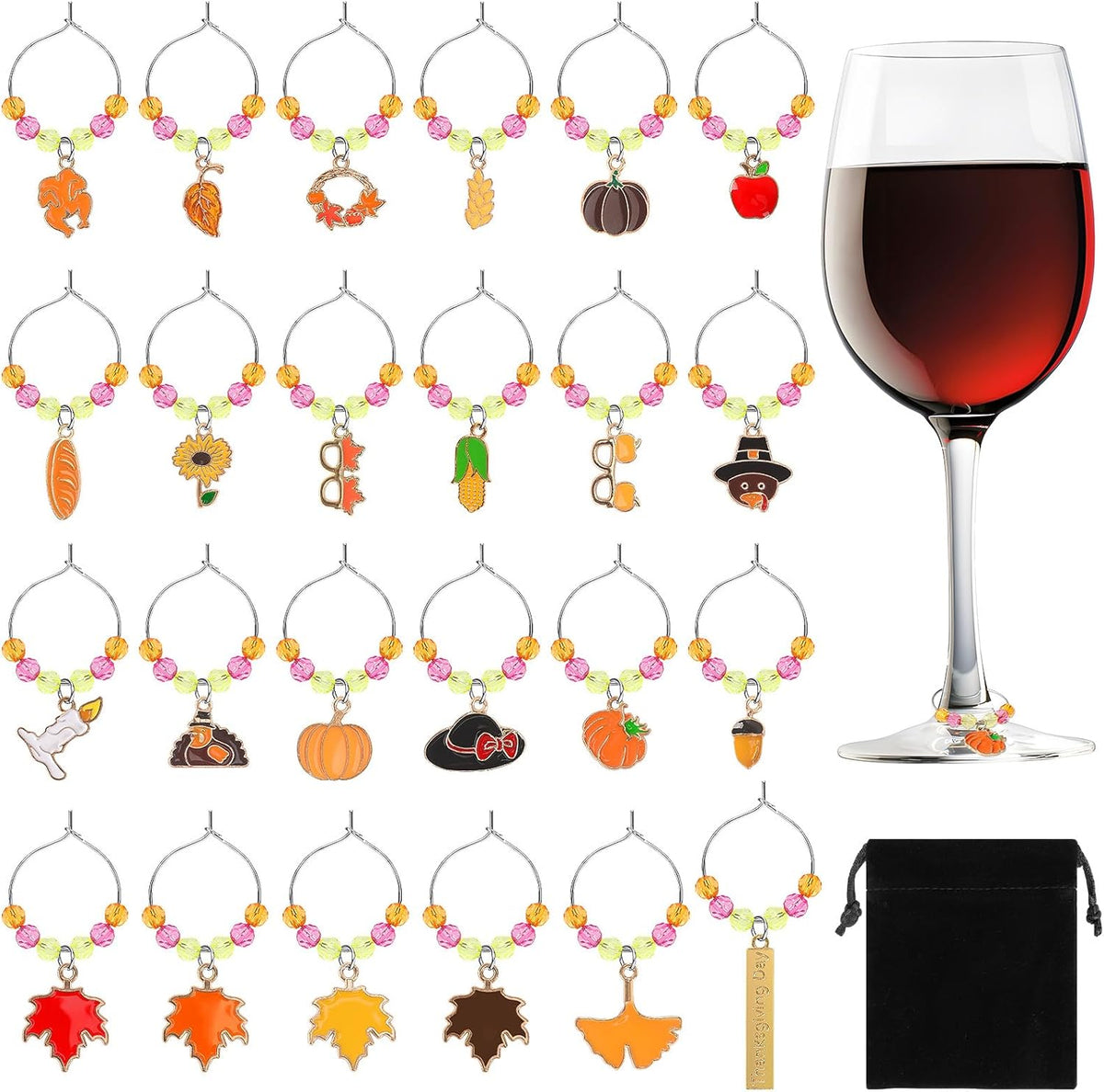 SANNIX Thanksgiving Wine Glass Charms, 24pcs Wine Glass Identifiers for Stem Glasses, Hostess Gifts
