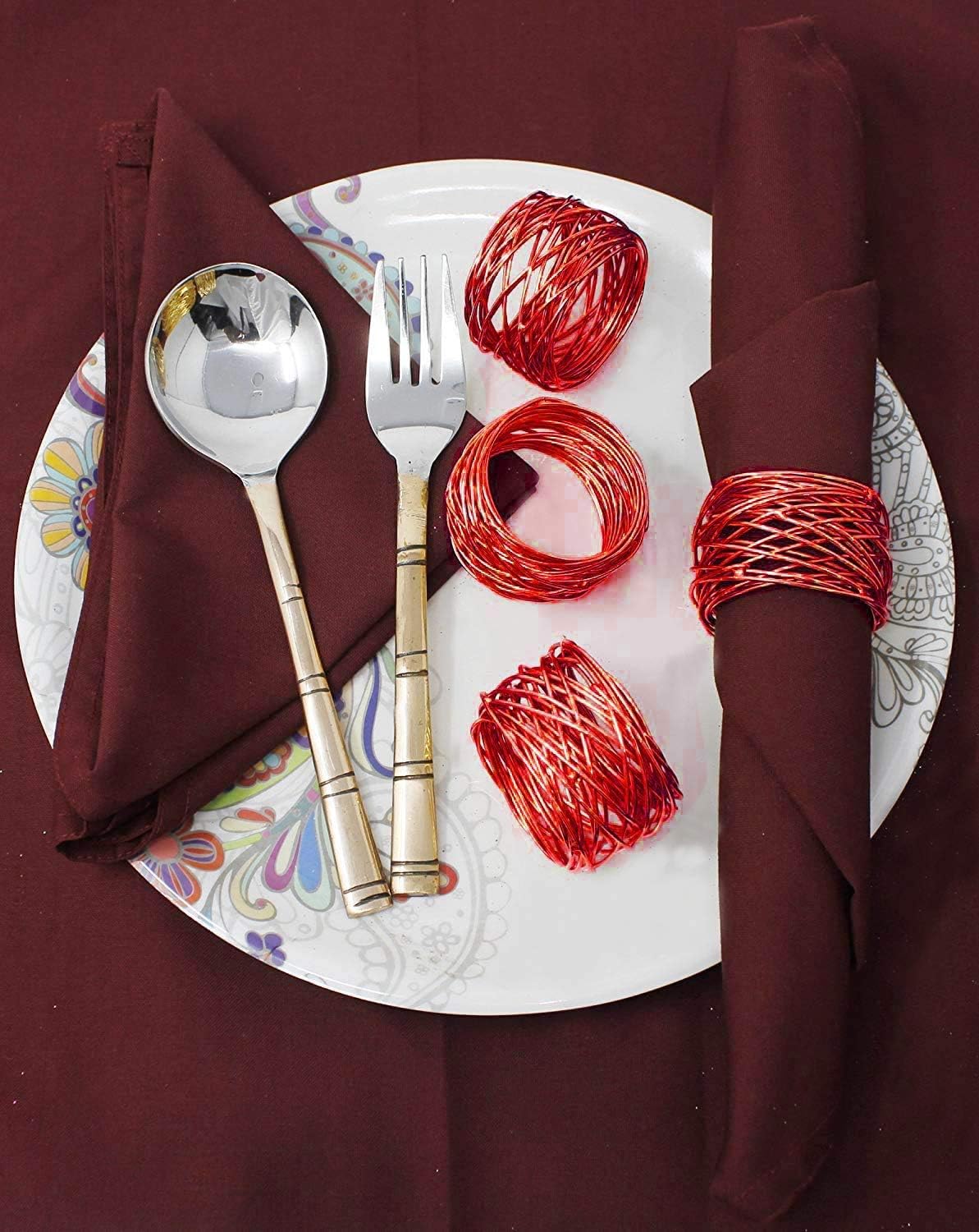 Handmade Round Red Mesh Napkin Rings Set of 12 Holder for Dinning Table Parties Everyday, Dia: 2