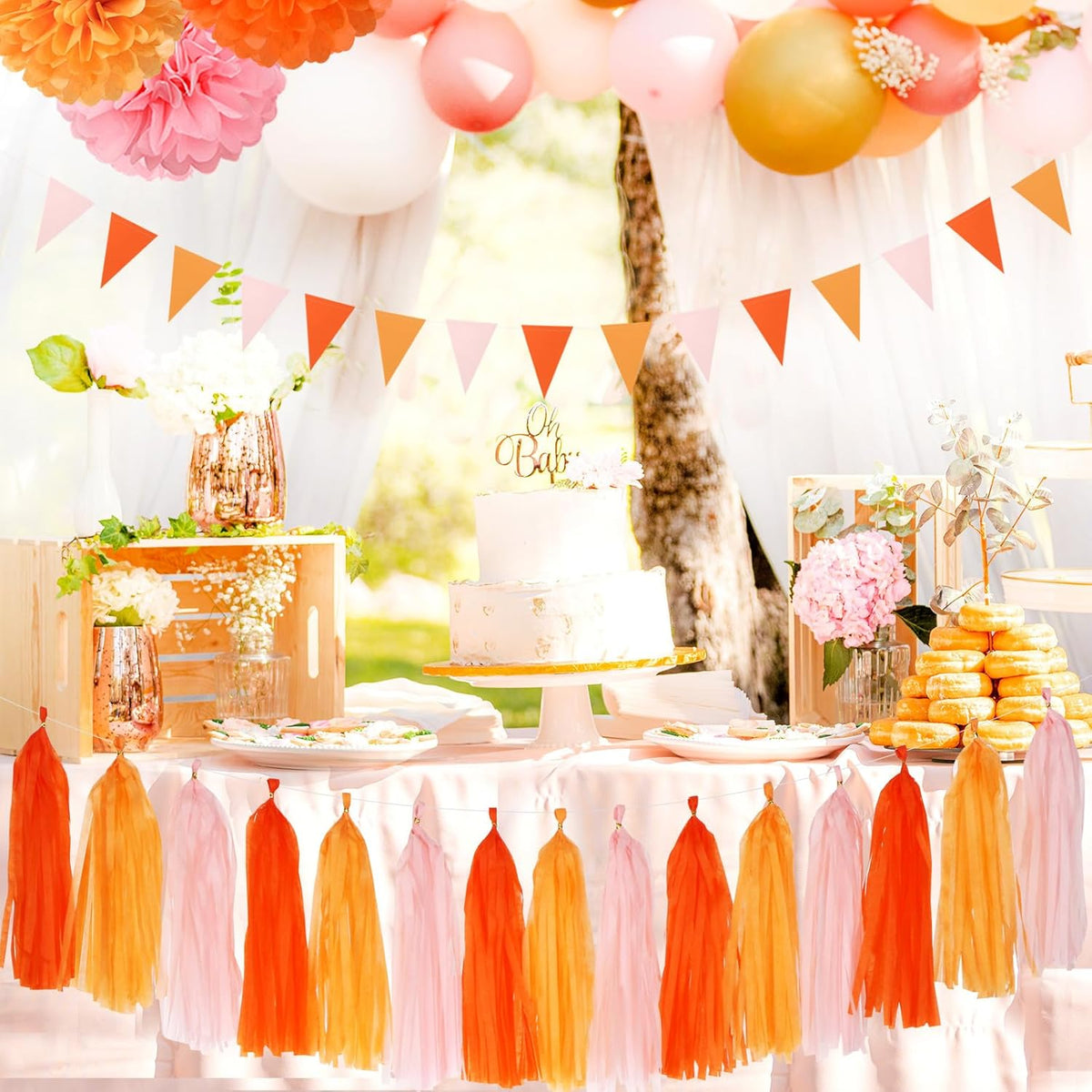 Pink-Orange Groovy Party-Decorations Pom-Poms Streamers - 23pcs Fall Autumn Thanksgiving Harvest