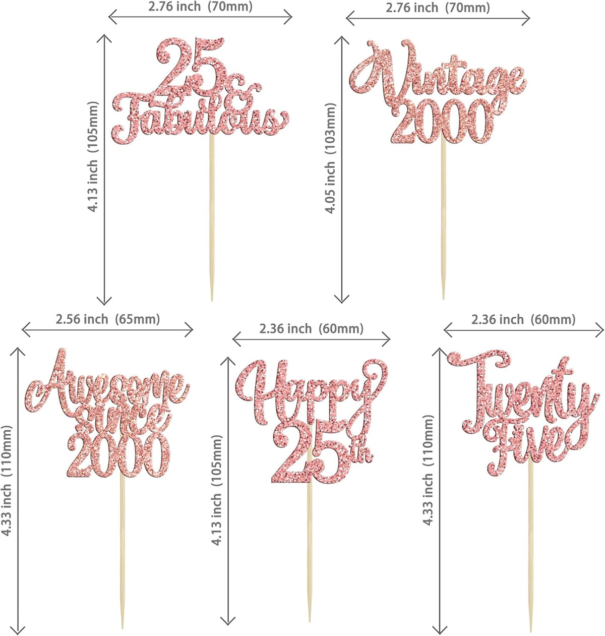 30Pcs Vintage 2000 Cupcake Toppers Glitter Twenty-Five 25 Fabulous Happy 25th Birthday Cupcake