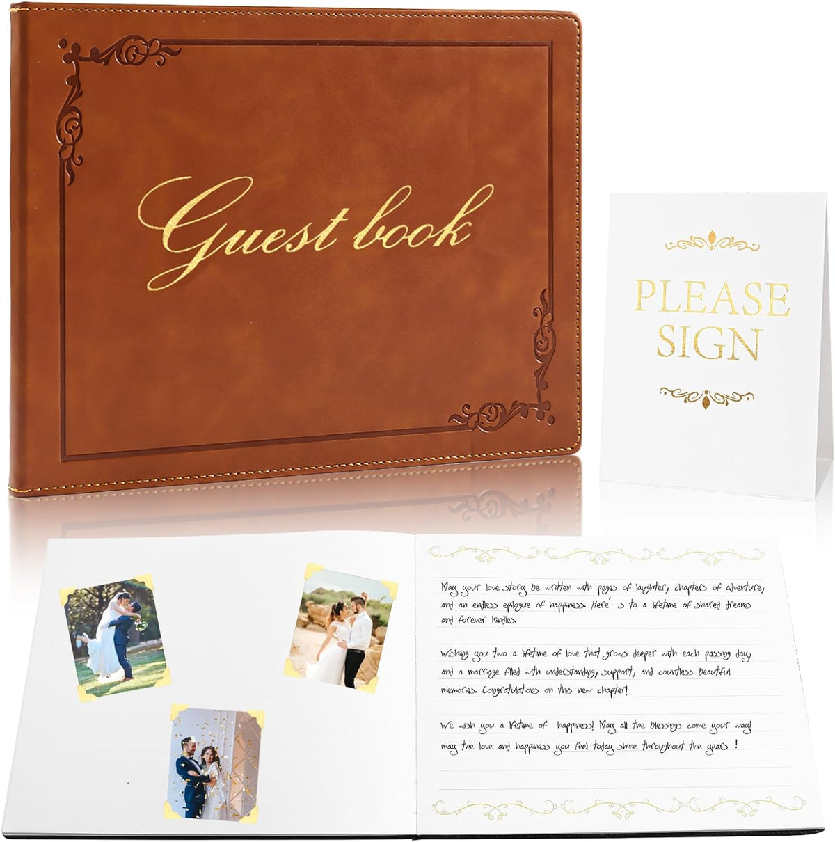 8x10 Leather Guest Book and Standup Sign Set, Gold Foiled Cover Registry Book for Wedding