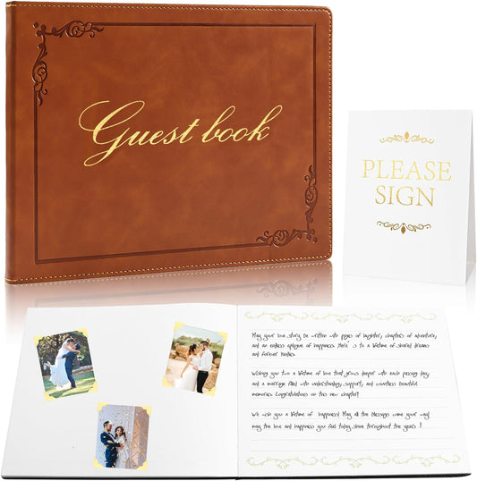 8x10 Leather Guest Book and Standup Sign Set, Gold Foiled Cover Registry Book for Wedding