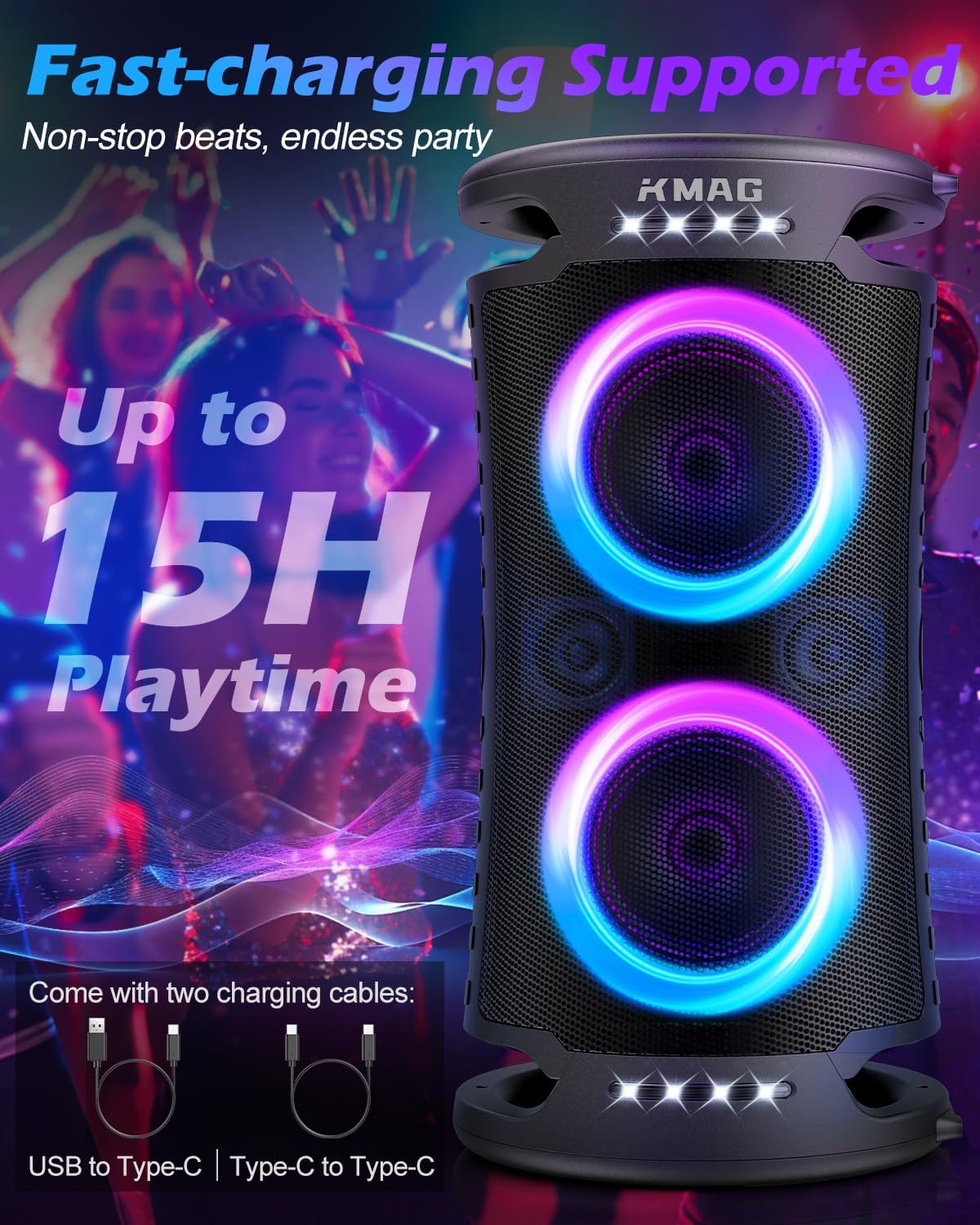 Large Bluetooth Speaker, 260W Peak Powerful Loud Sound with Deep Bass, 15Hr Playtime, Fast Charge
