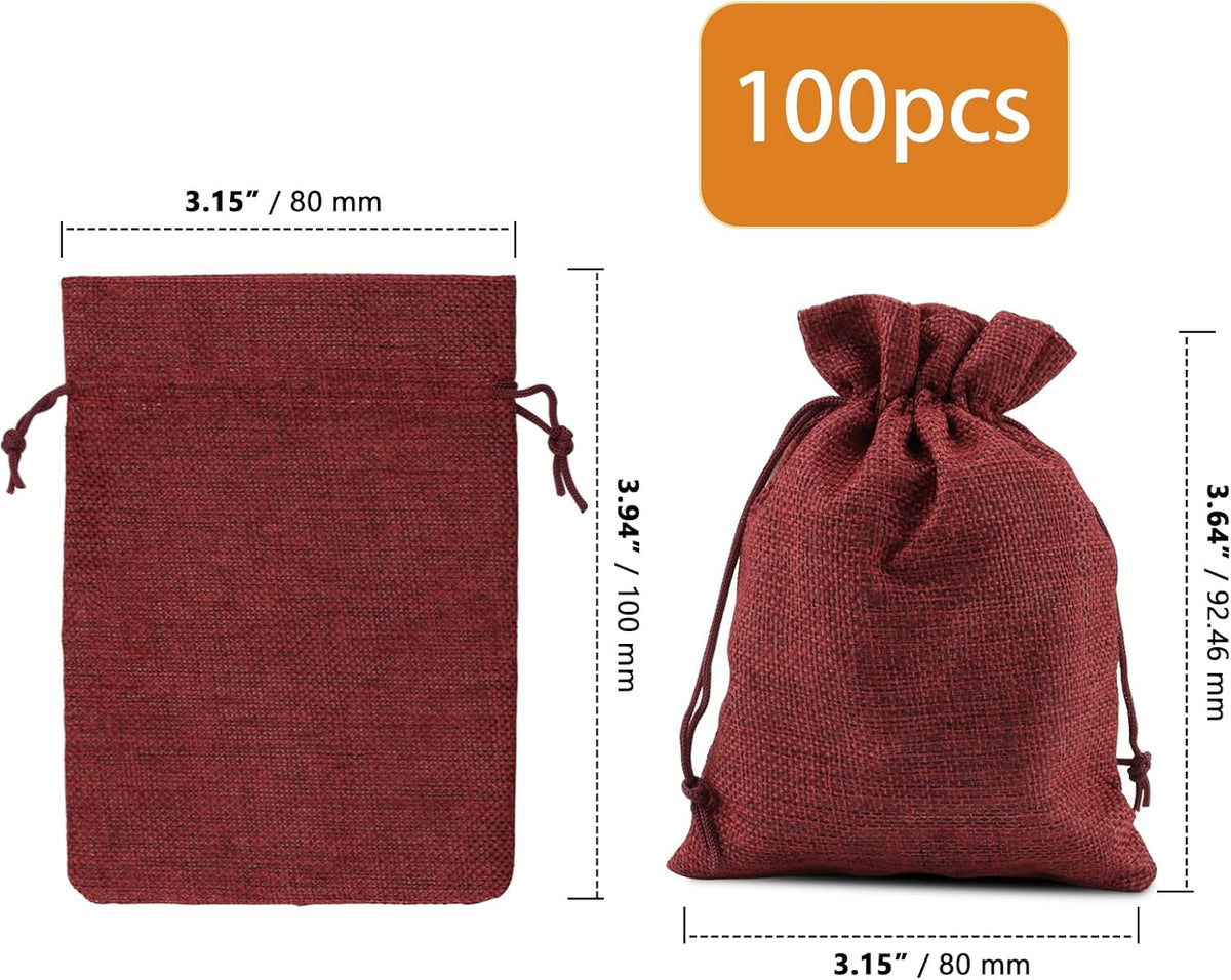ZOENHOU 100 Packs 3 x 4 Inch Large Burlap Bags Bulk with Drawstring, Durable Wine Red Jute