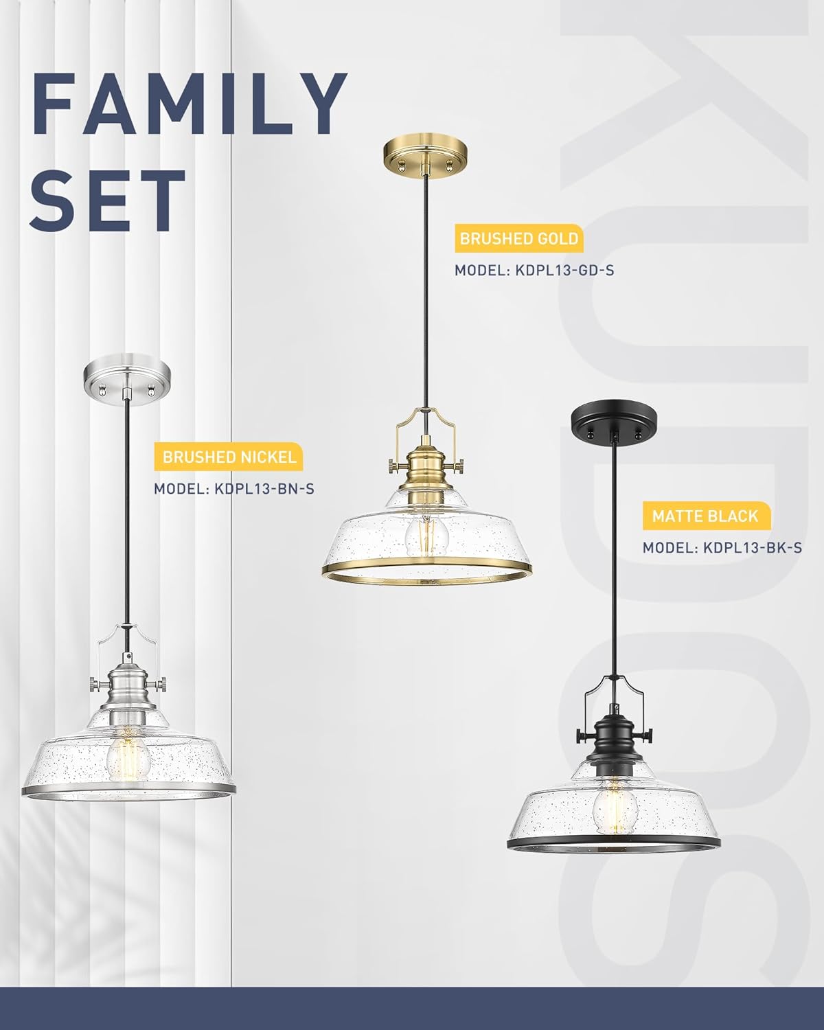 kudos 2 Pack Pendant Lights Kitchen Island, 11" Black Kitchen Island Lighting with Seeded Glass