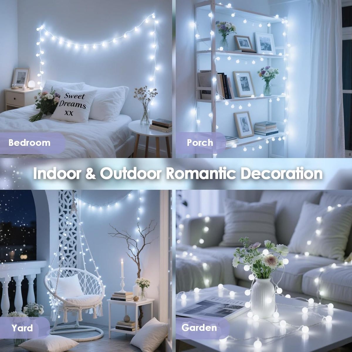 100LED Connectable String Lights Indoor Outdoor for Bedroom, 43ft White Fairy Lights with Remote &