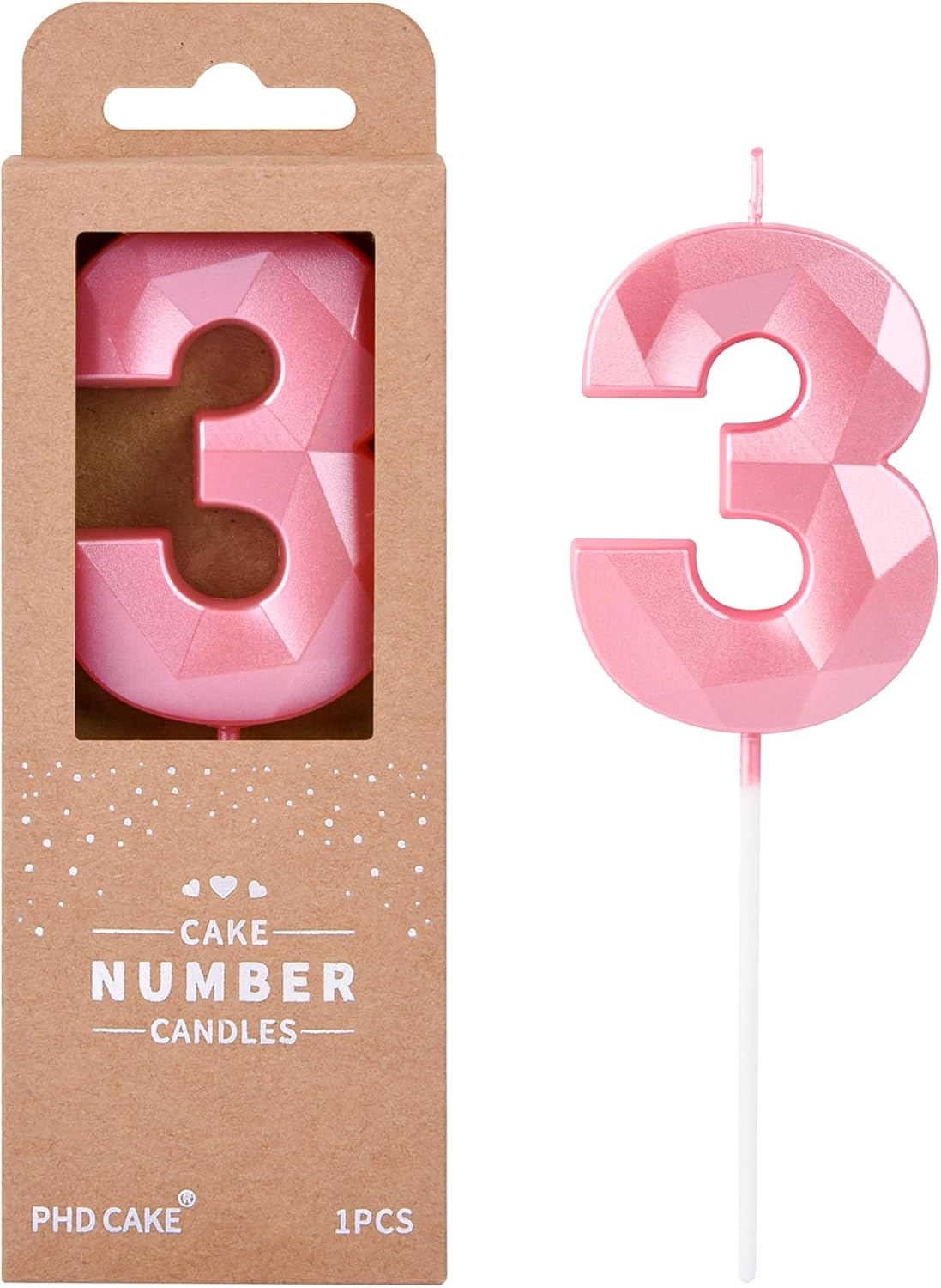 PHD CAKE 2.76 Inch Crystal Pink 3 Number Birthday Candles, Pink Number Candles, Cake Number