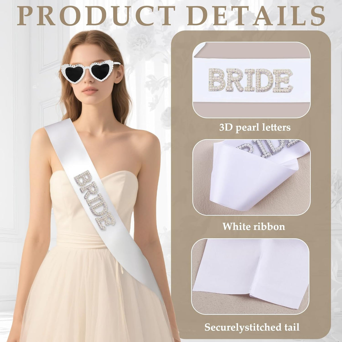 3Pcs Bride to Be Sash and Bow Veil Set, Bachelorette Party Favors, White Pearl Bride To Be Sash