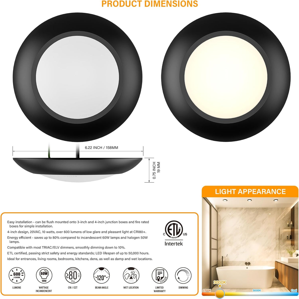 10 Packs 4 Inch Black LED Low Profile Recessed & Surface Mount Disk Light, Round, 10W, 600 Lumens