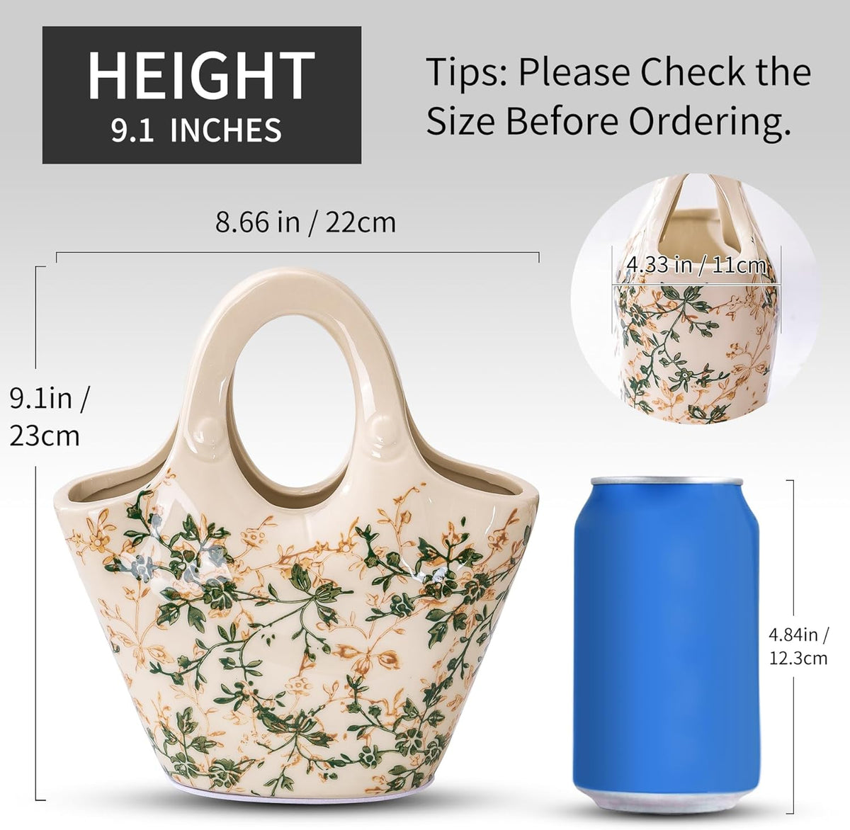 Ceramic Purse Vase for Flowers, Cute Handbag Vases, Vintage Green and Beige Floral Vase, Rustic