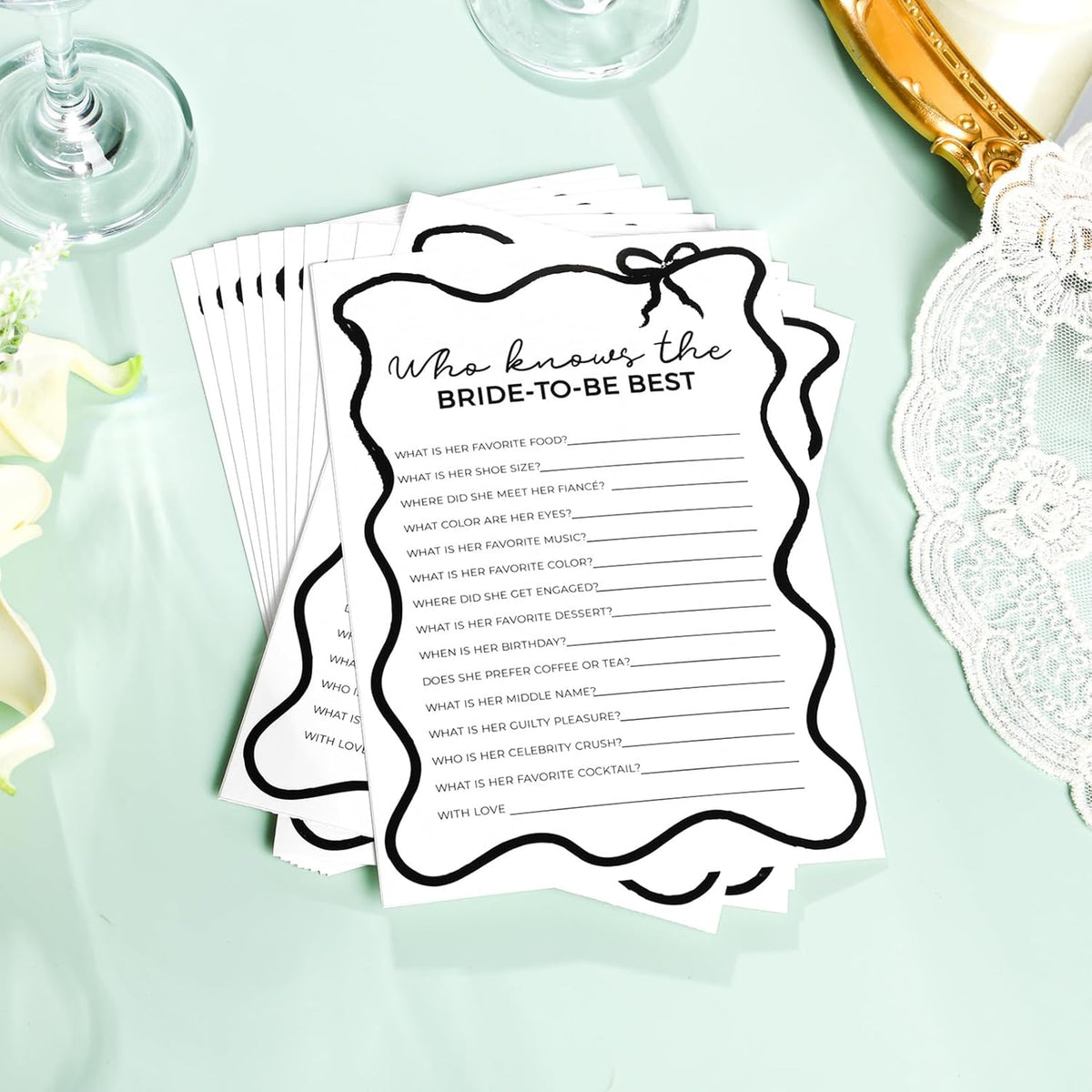DEEKA 30 PCS Bridal Shower Games Card for 30 Guests Black Wavy Border Ribbon Bow Funny Wedding