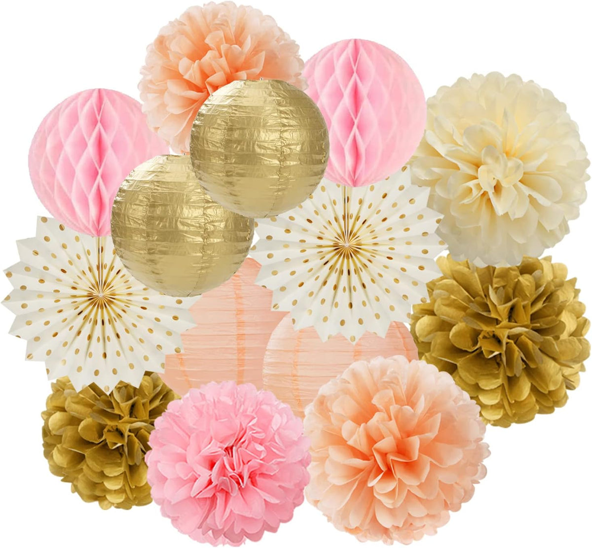 Pink Peach Gold Party Decorations - 14pcs Bridal Baby Shower Girls Birthday Paper Lanterns