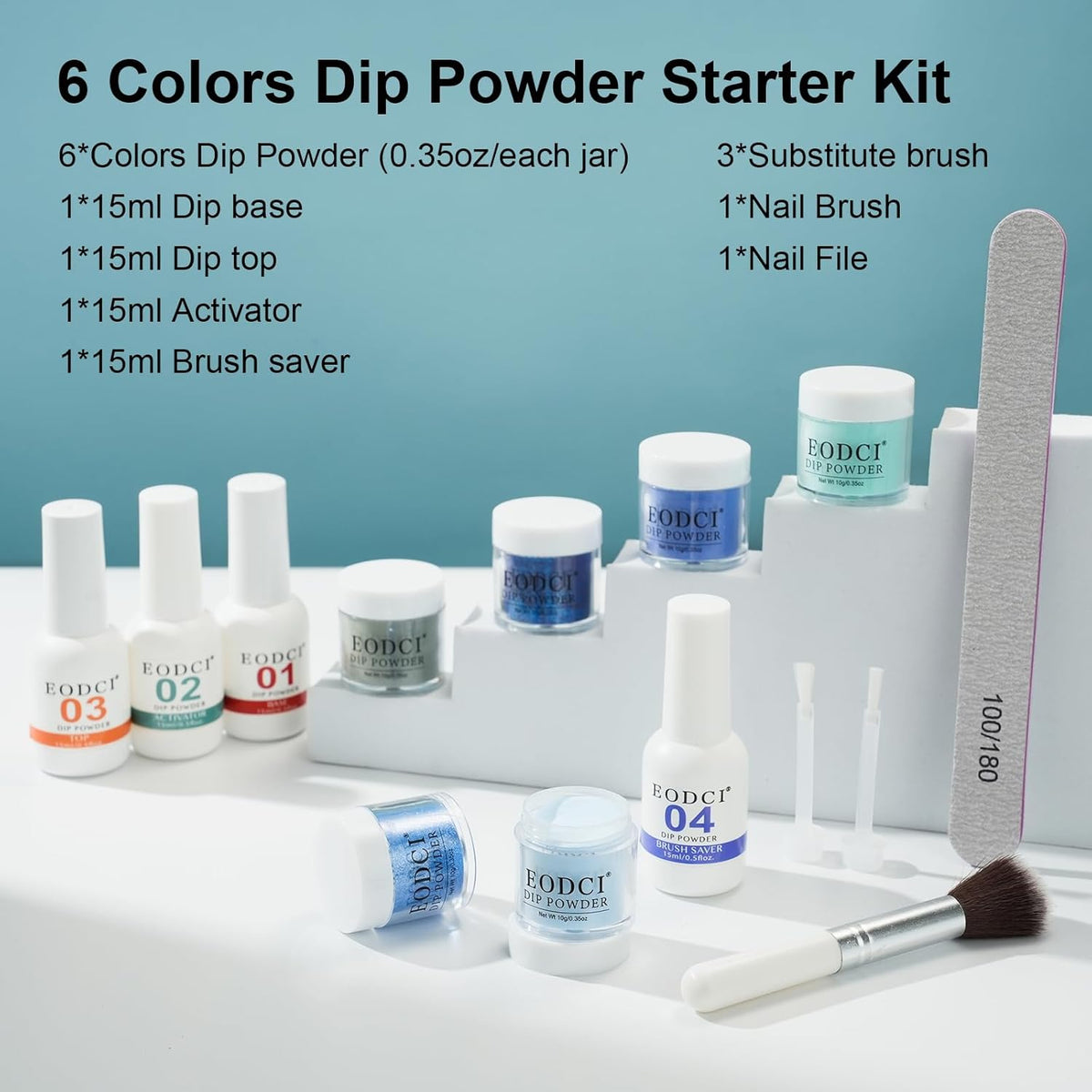12 Pcs Glitter Blue Dip Powder Nail Kit Starter, Dark Green Blue Snow Dipping Powder Kit With Base