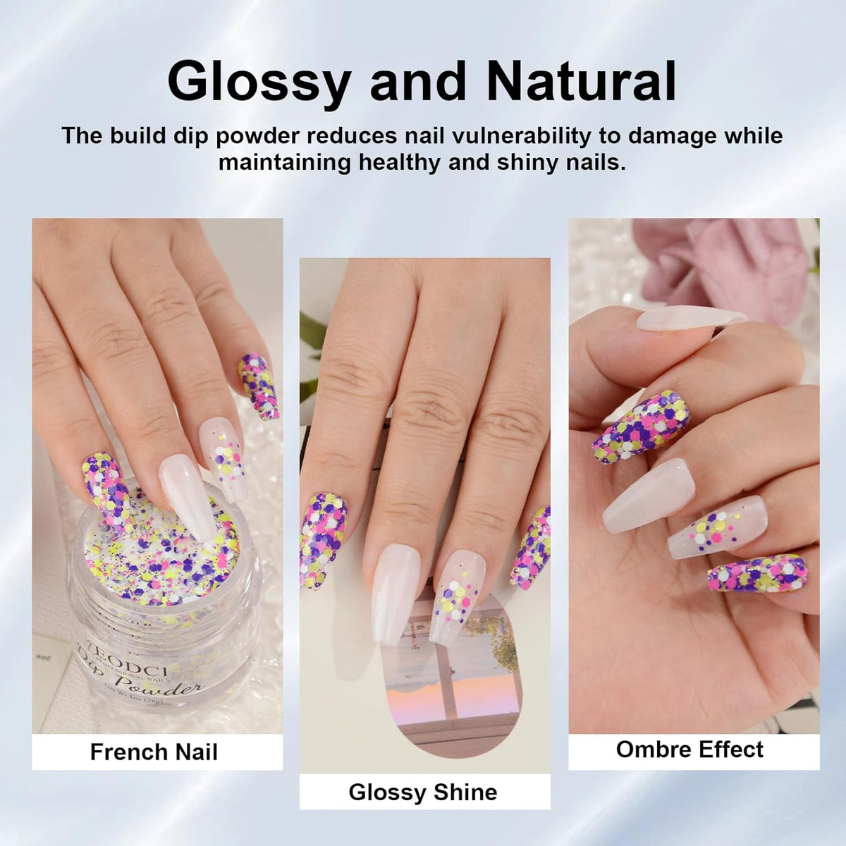 Dip Powder For Nails - Purple Pink Lime Green Hexagon Sequins - No Lamp Curing - Long Lasting