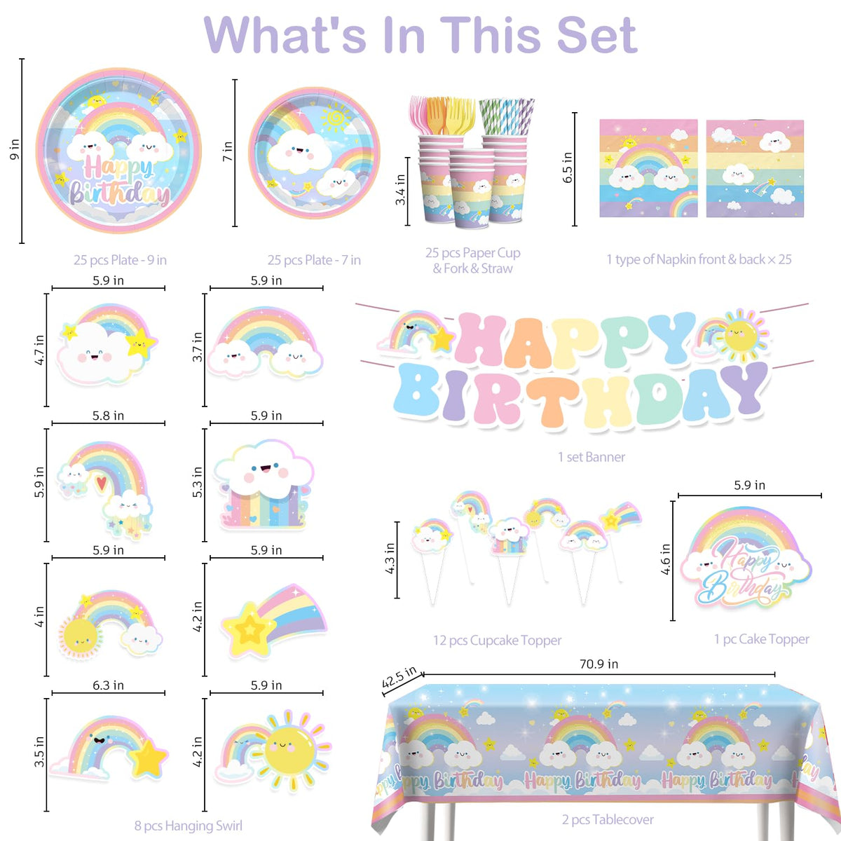 Xynic 174pcs Rainbow Birthday Decorations Tableware Complete Party Set