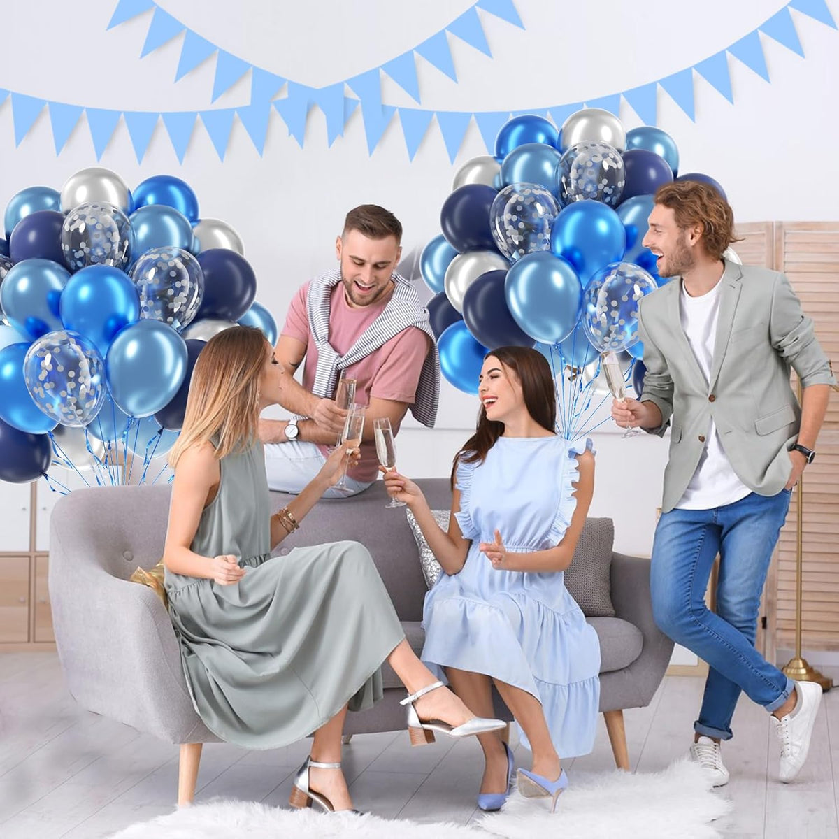 60pcs Blue and Silver Balloons 12inch with Navy Blue Pastel Blue Silver Confetti Balloons for