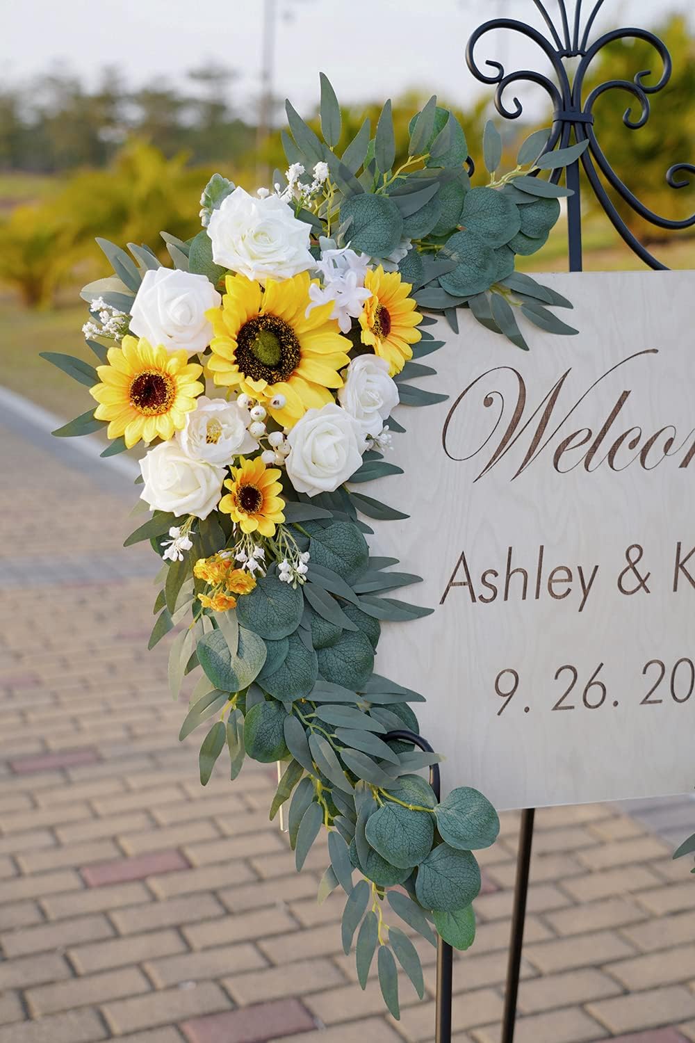 Ponatia Artificial Wedding Arch - Flowers (Pack of 2), White & Sunflowers for Wedding Welcome Signs